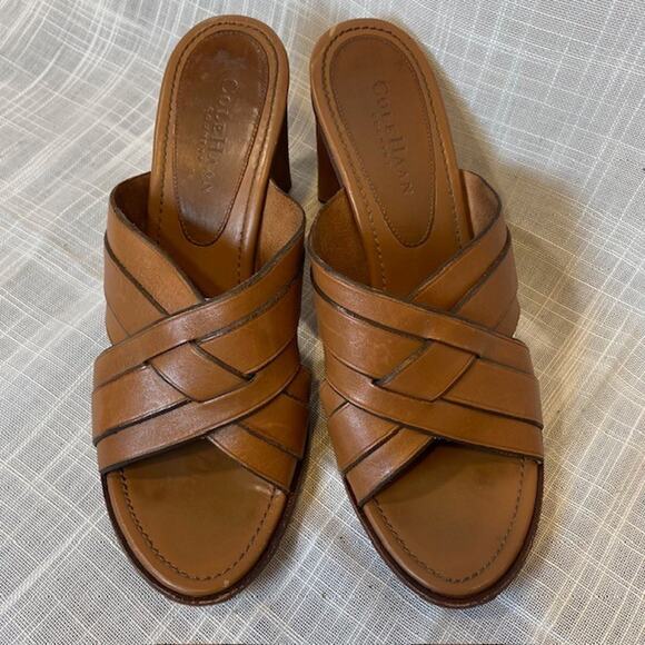 Cole Haan Country Caramel Brown Leather Block Criss Cross Heels Sandals Size 8.5 - Picture 1 of 8